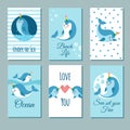 Cute cartoon anime narwhal romance cards. Posters with funny kawaii baby unicorn whale vector characters