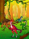 Cute cartoon ankylosaurus and Anzu on the background of forest.