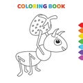 Cute cartoon ant takes strawberry coloring book for kids. black and white vector illustration for coloring book. ant takes Royalty Free Stock Photo