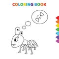 Cute cartoon ant thinking about sweety coloring book for kids. black and white vector illustration for coloring book. ant thinking Royalty Free Stock Photo
