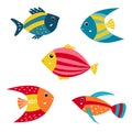 Cute cartoon aquarium fish. Set of tropical marine fishes. Baby kids collection Royalty Free Stock Photo