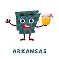 Cute cartoon Arkansas state character clipart. Illustrated map of state of Arkansas of USA with state name. Funny character design