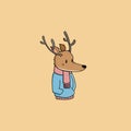 Cute cartoon deer in blue winter hooded sweatshirt.