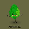 Cute cartoon artichoke. Tasty vegetables. Vegan character with eyes and a smile. Dark background