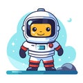 Cute cartoon astronaut character standing moon surface smiling. Friendly astronaut space Royalty Free Stock Photo