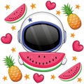 Cute cartoon astronaut holding a slice of watermelon.