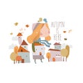 Cute Cartoon Autumn Girl with Little Houses Royalty Free Stock Photo