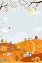 Cute cartoon Autumn village with bright light on sunny day,Mid autumn Harvest landscape farm field,hill, leaves falling in orange