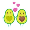 Cute cartoon avocado characters with funny smiles in love. Vector illustration Royalty Free Stock Photo