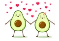 Cute cartoon avocado couple holding hands. Valentine`s day greeting card. Avocado love with red hearts. Vector Royalty Free Stock Photo