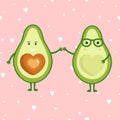 Cute cartoon avocado couple holding hands, Valentine s day greeting card. Avocado love with hearts vector illustration Royalty Free Stock Photo