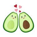 Cute cartoon avocado couple in love. Two avocado halves with heart, St. Valentines day greeting card drawing. Isolated Royalty Free Stock Photo