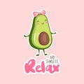 Cute cartoon avocado illustration. Funny vector fruit character. No stress, relax lettering. Kawaii design. Royalty Free Stock Photo