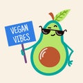 Cute cartoon avocado vector icon. Cool vegetable in sunglasses holds a banner. Vegan vibes. A funny green fruit with a seed grins