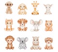 Cute cartoon baby animals isolated on white. Watercolor cat, dog, giraffe. Childish funny character set