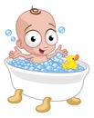 Cute Cartoon Baby In Bath Tub With Rubber Ducky