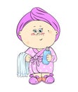 Cute cartoon baby in bathrobe after bath with shampoo and towel. Royalty Free Stock Photo
