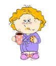 Cute cartoon baby in a bathrobe with a cup of hot cocoa and cookies.