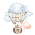 Cute cartoon baby bear animal hand drawn watercolor bunny illustration with air balloon. kids nursery wear fashion