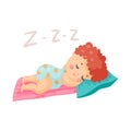 Cute cartoon baby in a blue bodysuit sleeping in his bed colorful character vector Illustration Royalty Free Stock Photo