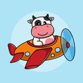 Cute cartoon baby cow is flying on a plane. Royalty Free Stock Photo