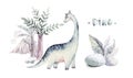 Cute cartoon baby dinosaurs collection watercolor illustration, hand painted dino isolated on a white background for