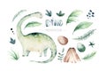 Cute cartoon baby dinosaurs collection watercolor illustration, hand painted dino isolated on a white background for