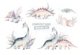 Cute cartoon baby dinosaurs collection watercolor illustration, hand painted dino isolated on a white background for