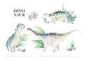 Cute cartoon baby dinosaurs collection watercolor illustration, hand painted dino isolated on a white background for