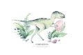 Cute cartoon baby dinosaurs collection watercolor baby shower invite, hand painted dino isolated on a white background Royalty Free Stock Photo