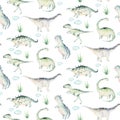 Cute cartoon baby dinosaurs seamless pattern watercolor paper, hand painted dino background texture Jurassic Park . Rex