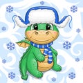 Cute cartoon baby dragon in blue winter hat with ear flaps. Royalty Free Stock Photo