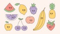 Cute cartoon baby fruits, funny Y2k mascot vector characters with smile. Ripe cherry, banana, pineapple, apple, lemon. Royalty Free Stock Photo