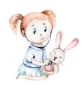 Cute cartoon baby girl nurse and a patient bunny. Little doctor. pediatrics kids girl. pills, ambulance, mask, bacteria