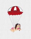 Cute cartoon baby girl in pilot hat flying with parachute