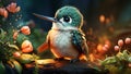 Cute cartoon of a baby hummingbird for illustrations for children. AI Generated