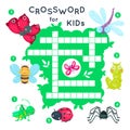 Cute cartoon baby insects crossword for kids. Puzzle game for children. Butterfly and bug, bee and dragonfly. Royalty Free Stock Photo