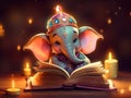 Cute cartoon baby Lord Ganesha reading a big magic book. Generative AI Royalty Free Stock Photo