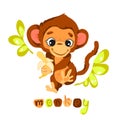 Cute cartoon baby monkey character, with peeled banana in quotes on leaf background, with lettering. For baby cards or posters