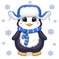 Cute cartoon baby penguin in blue winter hat with with ear flaps. Royalty Free Stock Photo