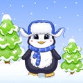 Cute cartoon baby penguin in a blue winter hat with ear flaps and green fir trees. Royalty Free Stock Photo