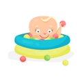 Cute cartoon baby playing in a pool with colorful balls, colorful character vector Illustration Royalty Free Stock Photo