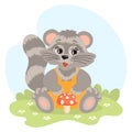 Cute cartoon baby raccoon with fly agaric in a meadow with daisies. Illustration in flat style. Children\'s card. tor