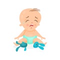 Cute cartoon baby sitting on the floor and crying next to broken bunny toy, colorful character vector Illustration