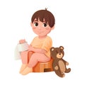 Cute cartoon baby sitting on a potty with toilet paper in hand and a teddy bear. Vector illustration isolated on white background Royalty Free Stock Photo