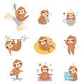 Cute cartoon baby sloths. Wild sloth with coffee, swim, drink cocktail or sleep. Fun animal relax, ride on rainbow. Wild