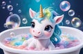 cute cartoon baby unicorn in bathtub filled with colorful foam surrounded by bubbles against dark blue background