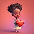 Cute cartoon African-American girl holding red candy heart Royalty Free Stock Photo