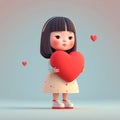 Cute cartoon Balck hair, black eyes Asian-American girl holding red candy heart Royalty Free Stock Photo