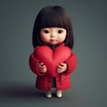 Cute cartoon Balck hair, black eyes Asian-American girl holding red candy heart Royalty Free Stock Photo